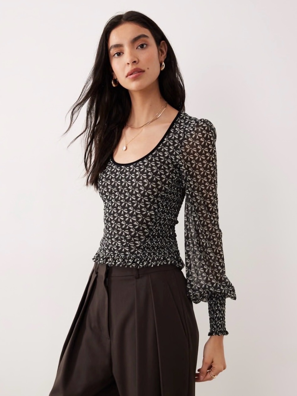 FREE PEOPLE Black Dottie Mesh Long-Sleeve Women’s Top NWT
